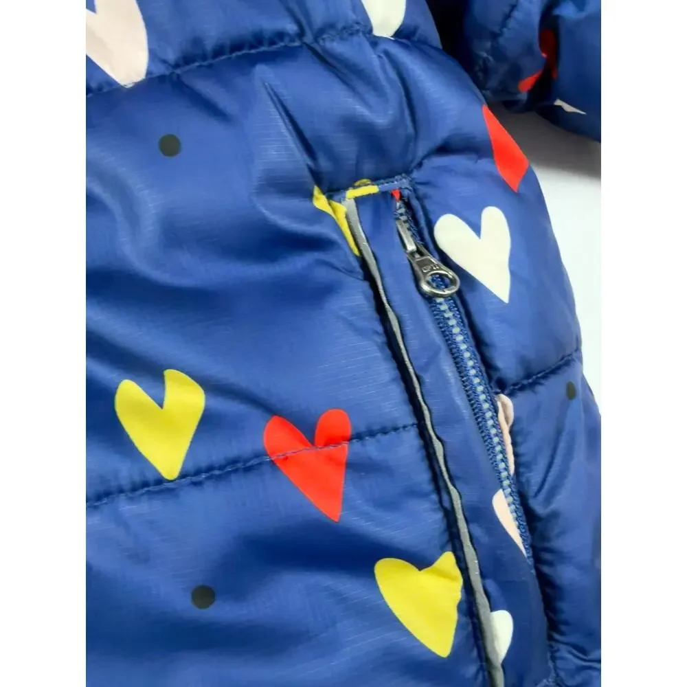 Hanna Andersson Reversible Down Puffer Jacket Heart Print Blue Size 5